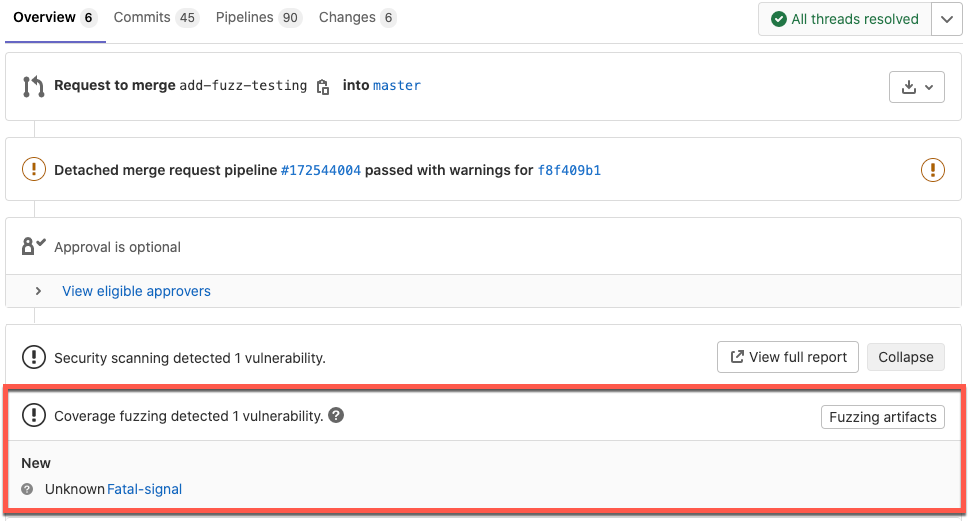 Coverage-guided fuzz testing artifacts available in merge request widget