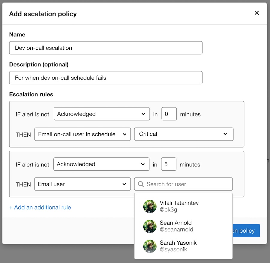 Email specific users in an escalation policy