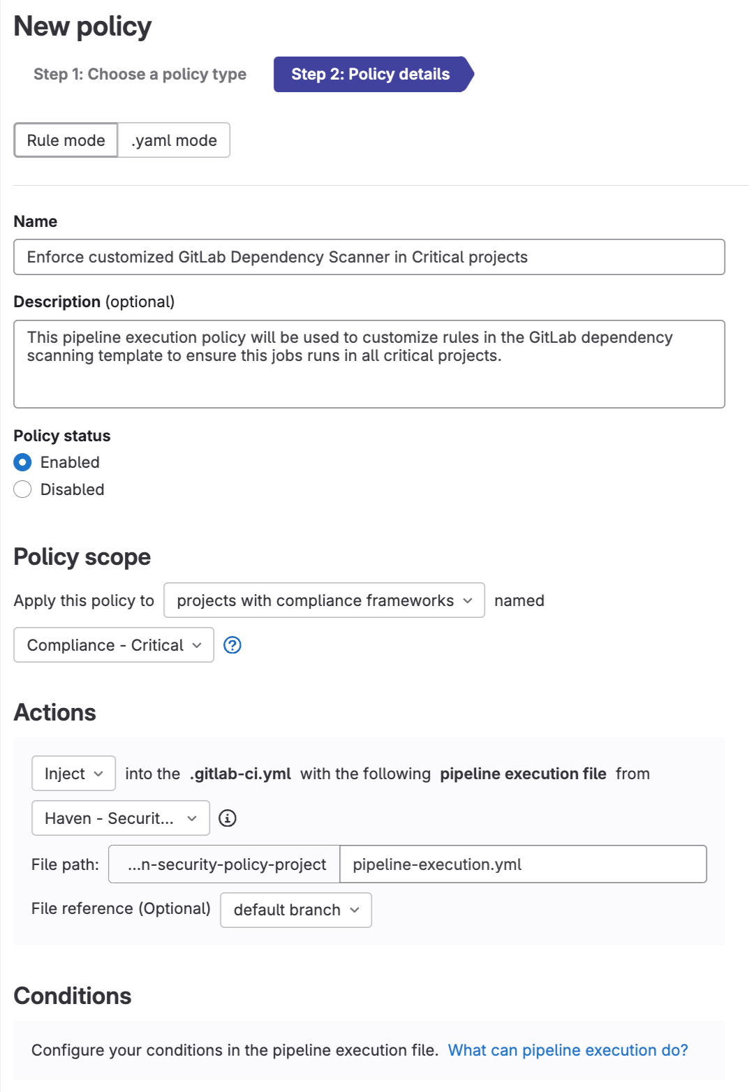 Pipeline execution policy type