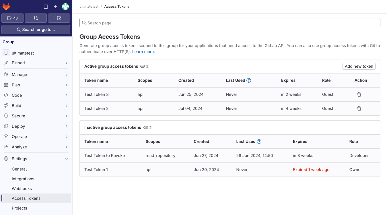 View inactive project and group access tokens